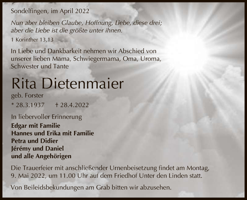  Traueranzeige für Rita Dietenmaier vom 06.05.2022 aus Reutlinger General-Anzeiger