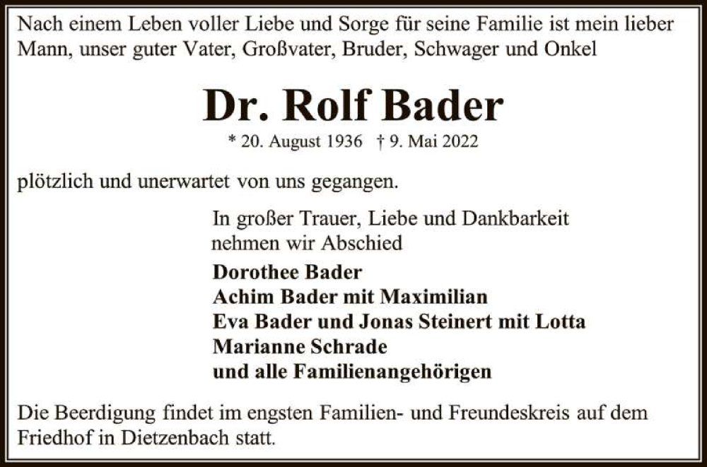  Traueranzeige für Rolf Bader vom 14.05.2022 aus Reutlinger General-Anzeiger