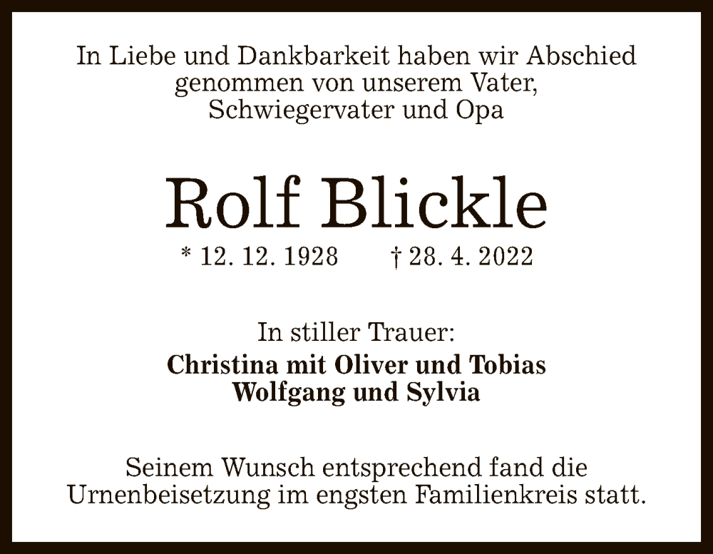  Traueranzeige für Rolf Blickle vom 14.05.2022 aus Reutlinger General-Anzeiger