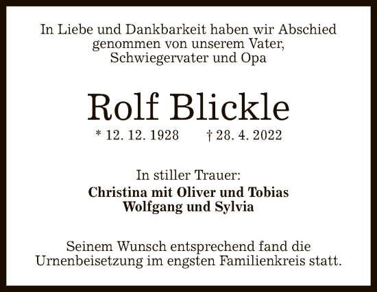 Anzeige von Rolf Blickle von Reutlinger General-Anzeiger