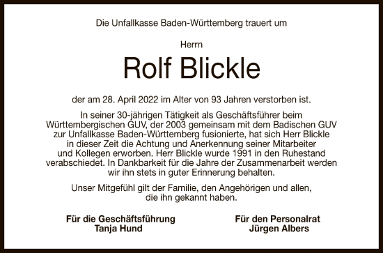 Anzeige von Rolf Blickle von Reutlinger General-Anzeiger