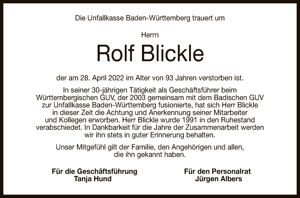  Traueranzeige für Rolf Blickle vom 09.05.2022 aus Reutlinger General-Anzeiger