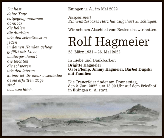 Anzeige von Rolf Hagmeier von Reutlinger General-Anzeiger