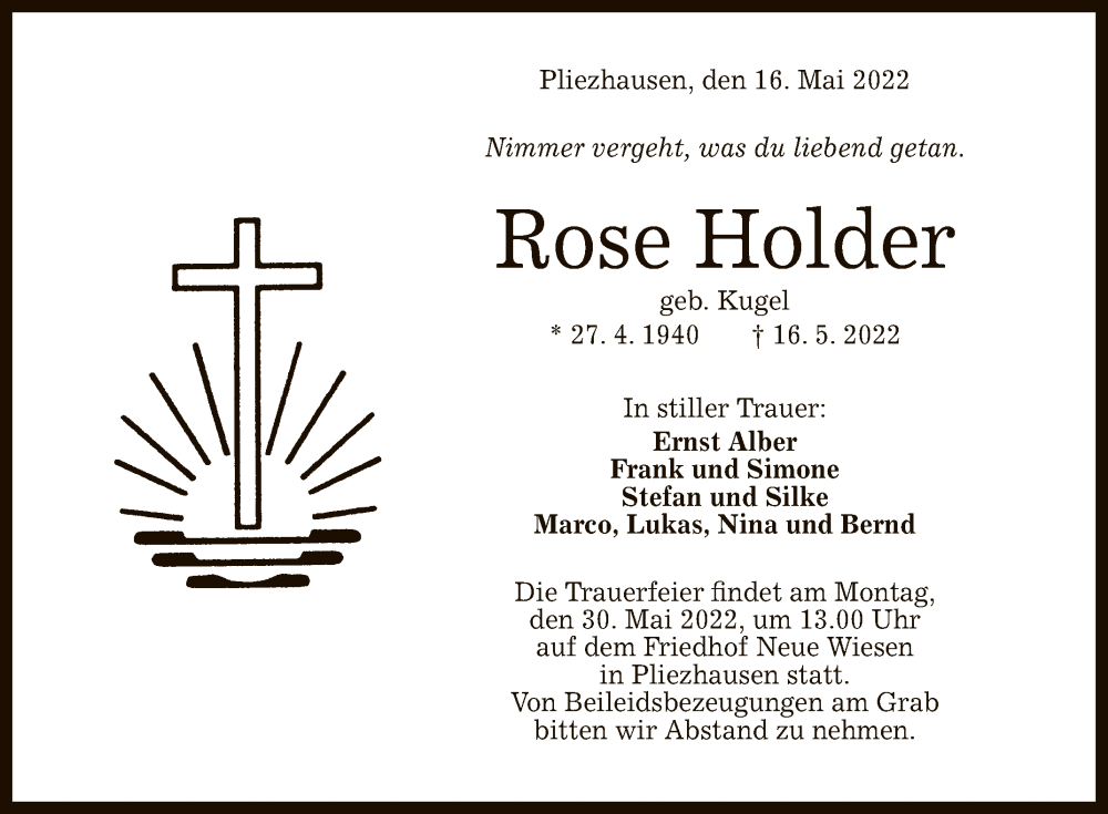  Traueranzeige für Rose Holder vom 21.05.2022 aus Reutlinger General-Anzeiger