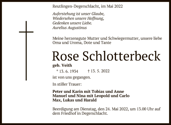 Anzeige von Rose Schlotterbeck von Reutlinger General-Anzeiger