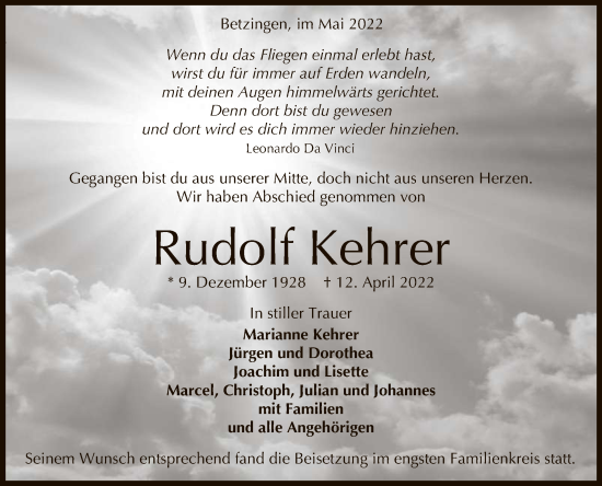 Anzeige von Rudolf Kehrer von Reutlinger General-Anzeiger