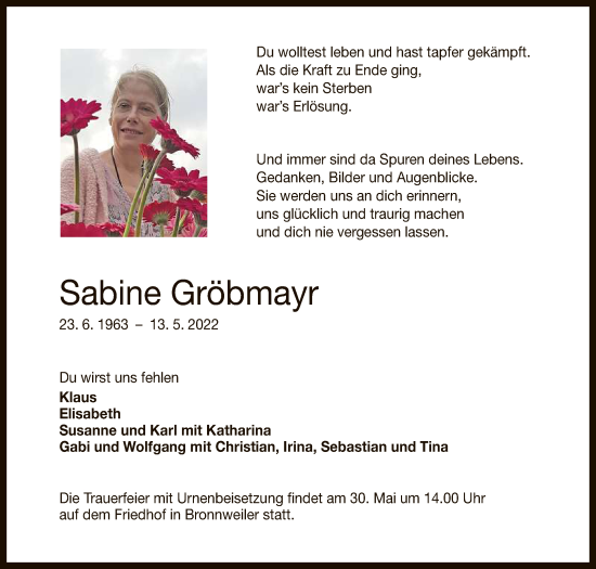 Anzeige von Sabine Gröbmayr von Reutlinger General-Anzeiger
