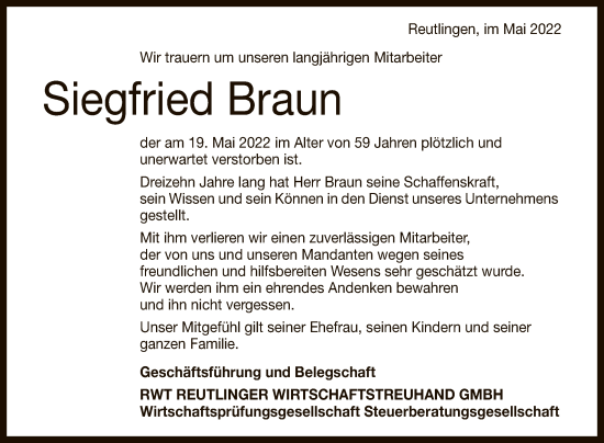 Anzeige von Siegfried Braun von Reutlinger General-Anzeiger