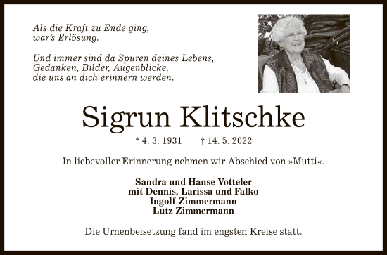 Anzeige von Sigrun Klitschke von Reutlinger General-Anzeiger
