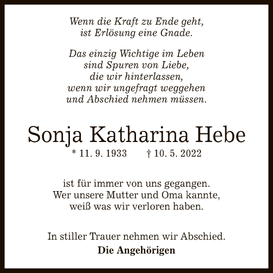 Anzeige von Sonja Katharina Hebe von Reutlinger General-Anzeiger