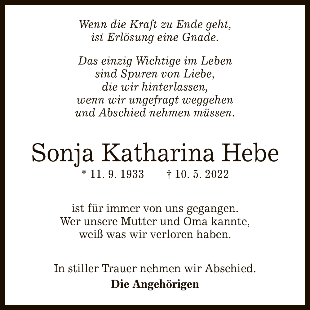  Traueranzeige für Sonja Katharina Hebe vom 14.05.2022 aus Reutlinger General-Anzeiger