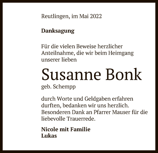 Anzeige von Susanne Bonk von Reutlinger General-Anzeiger