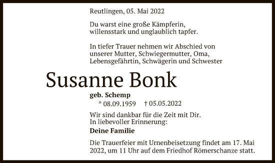 Anzeige von Susanne Bonk von Reutlinger General-Anzeiger