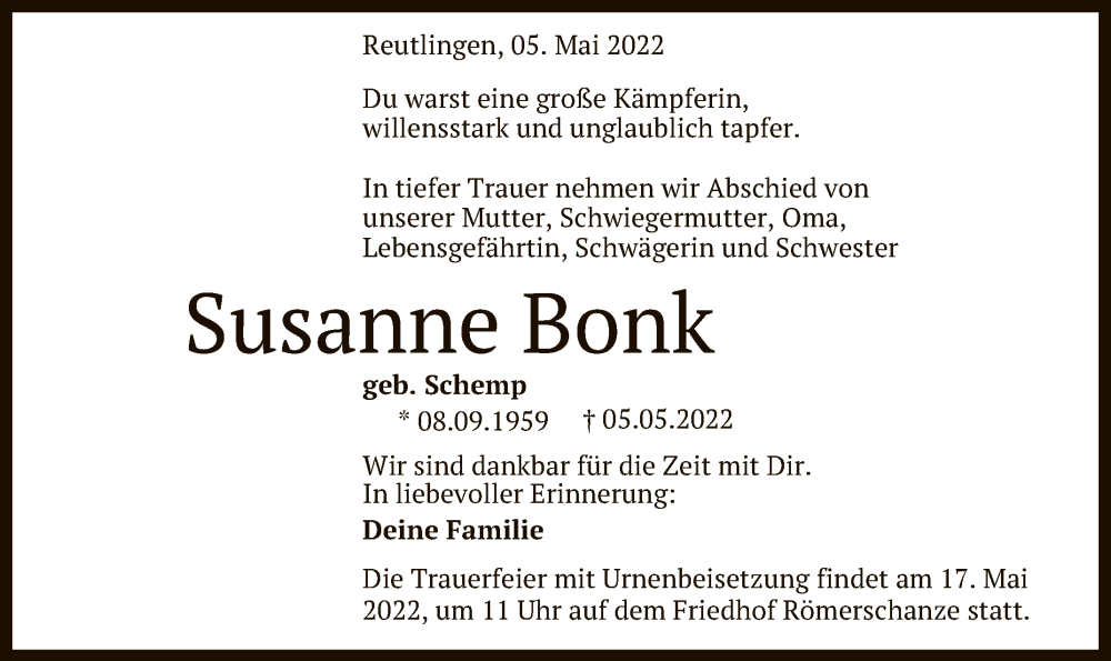  Traueranzeige für Susanne Bonk vom 12.05.2022 aus Reutlinger General-Anzeiger