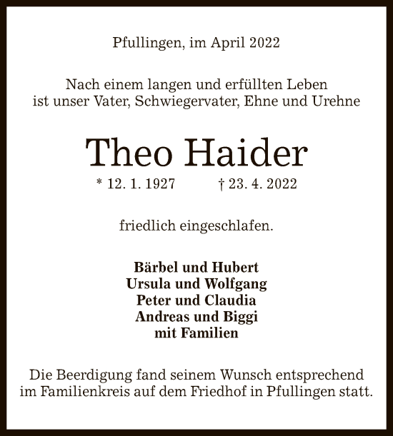 Anzeige von Theo Haider von Reutlinger General-Anzeiger