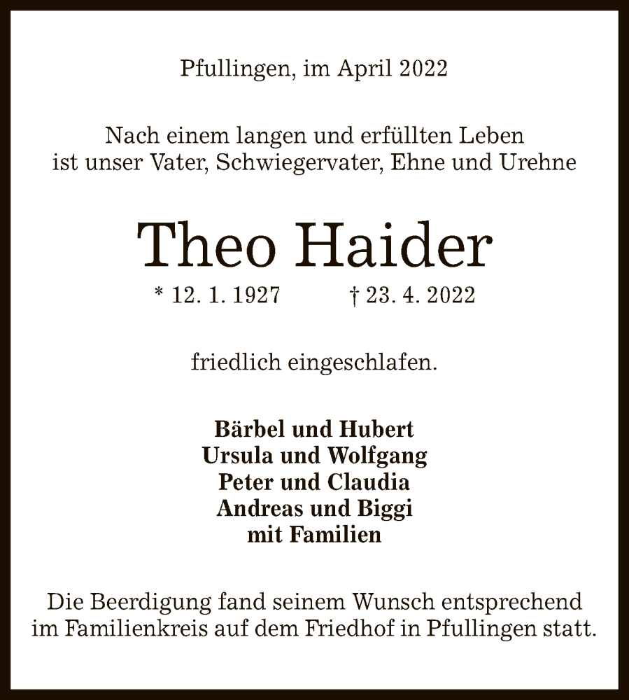  Traueranzeige für Theo Haider vom 04.05.2022 aus Reutlinger General-Anzeiger