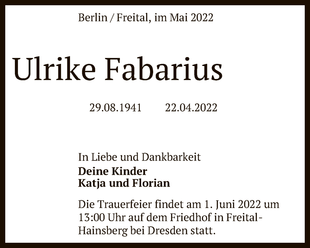  Traueranzeige für Ulrike Fabarius vom 14.05.2022 aus Reutlinger General-Anzeiger
