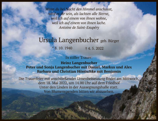 Anzeige von Ursula Langenbucher von Reutlinger General-Anzeiger
