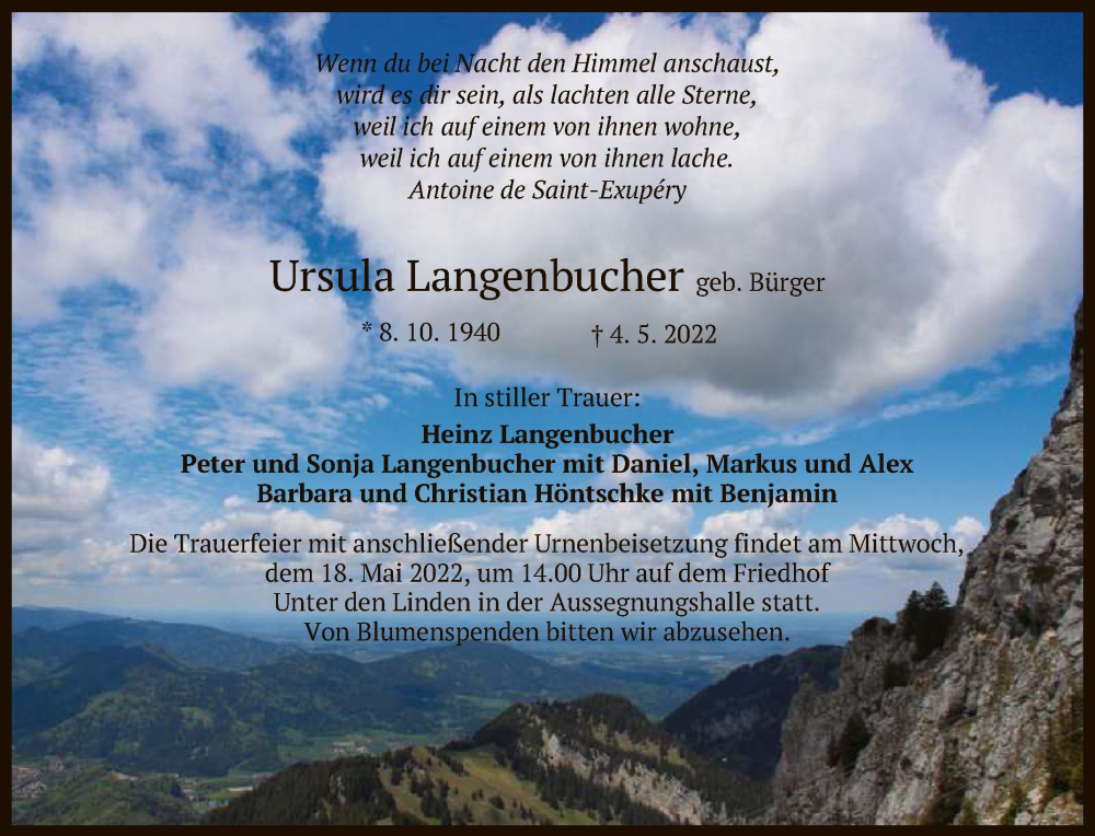  Traueranzeige für Ursula Langenbucher vom 10.05.2022 aus Reutlinger General-Anzeiger