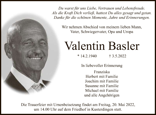 Anzeige von Valentin Basler von Reutlinger General-Anzeiger