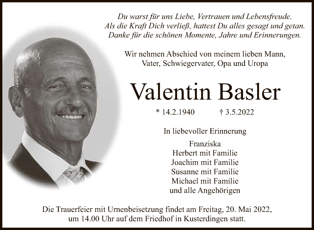  Traueranzeige für Valentin Basler vom 14.05.2022 aus Reutlinger General-Anzeiger