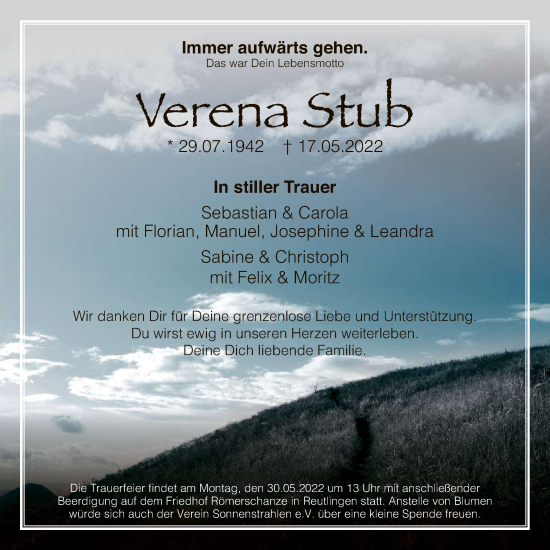 Anzeige von Verena Stub von Reutlinger General-Anzeiger