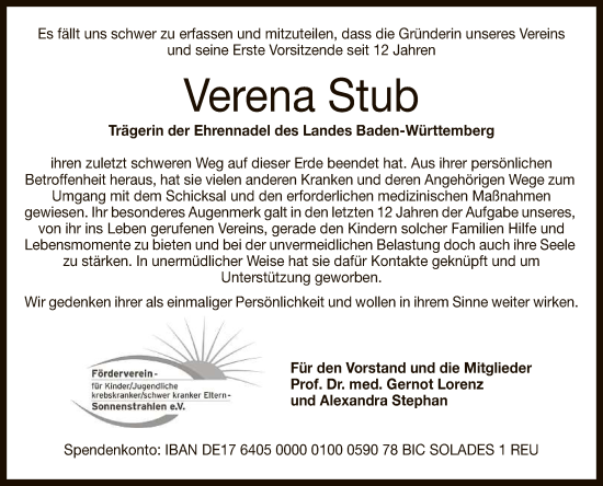 Anzeige von Verena Stub von Reutlinger General-Anzeiger
