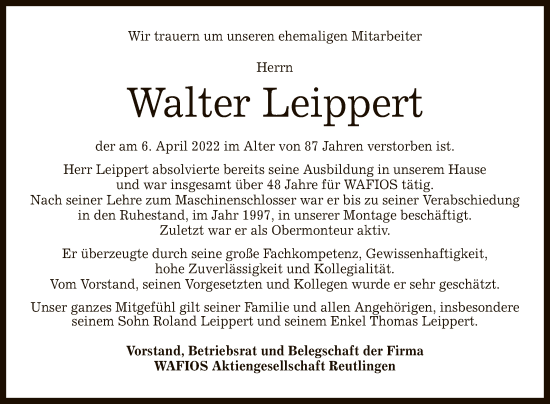 Anzeige von Walter Leippert von Reutlinger General-Anzeiger