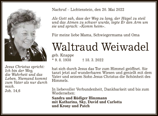 Anzeige von Waltraud Weiwadel von Reutlinger General-Anzeiger