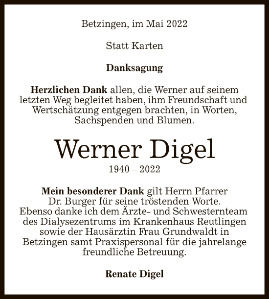 Anzeige von Werner Digel von Reutlinger General-Anzeiger