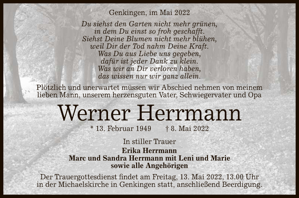  Traueranzeige für Werner Herrmann vom 11.05.2022 aus Reutlinger General-Anzeiger