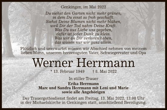 Anzeige von Werner Herrmann von Reutlinger General-Anzeiger