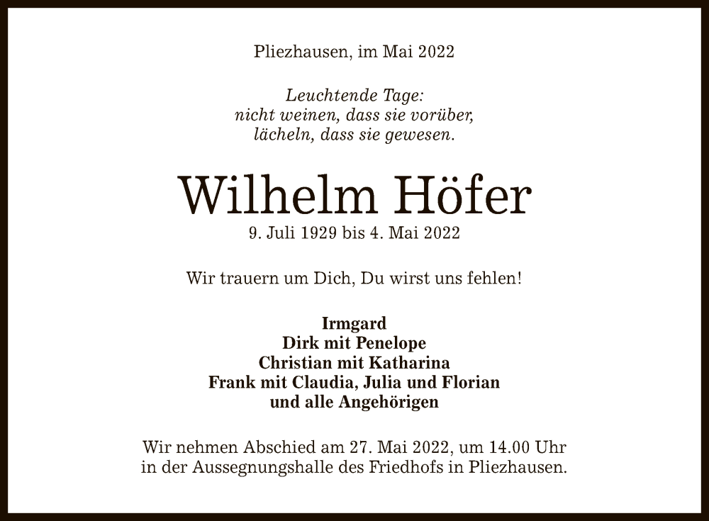 Traueranzeige für Wilhelm Höfer vom 14.05.2022 aus Reutlinger General-Anzeiger