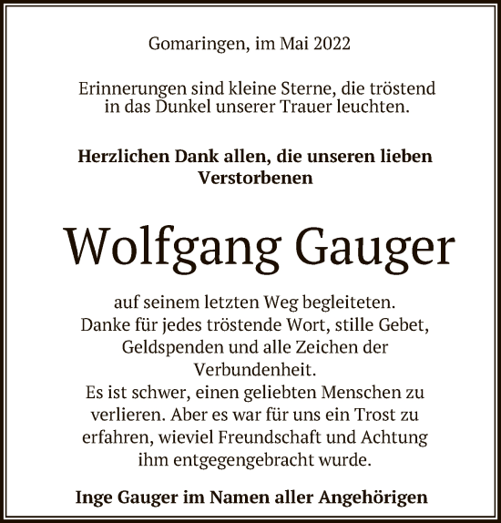 Anzeige von Wolfgang Gauger von Reutlinger General-Anzeiger