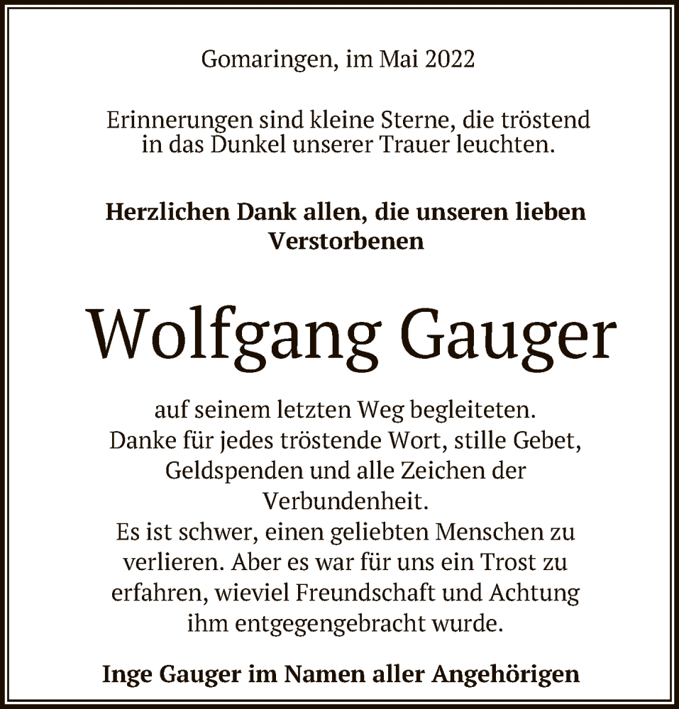  Traueranzeige für Wolfgang Gauger vom 14.05.2022 aus Reutlinger General-Anzeiger