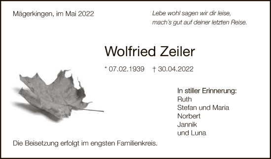 Anzeige von Wolfried Zeiler von Reutlinger General-Anzeiger