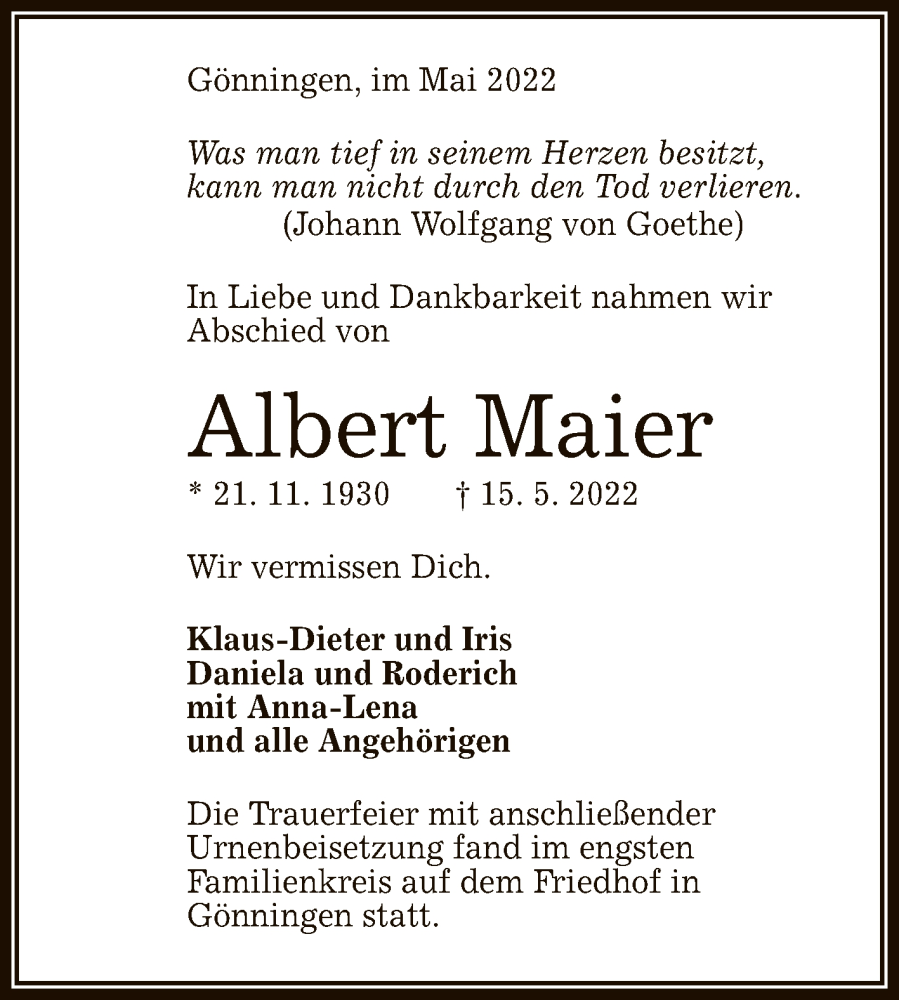  Traueranzeige für Albert Maier vom 01.06.2022 aus Reutlinger General-Anzeiger