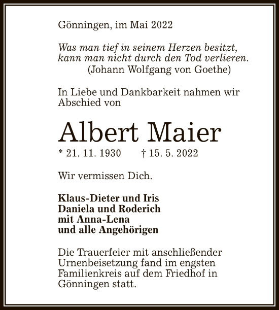 Anzeige von Albert Maier von Reutlinger General-Anzeiger