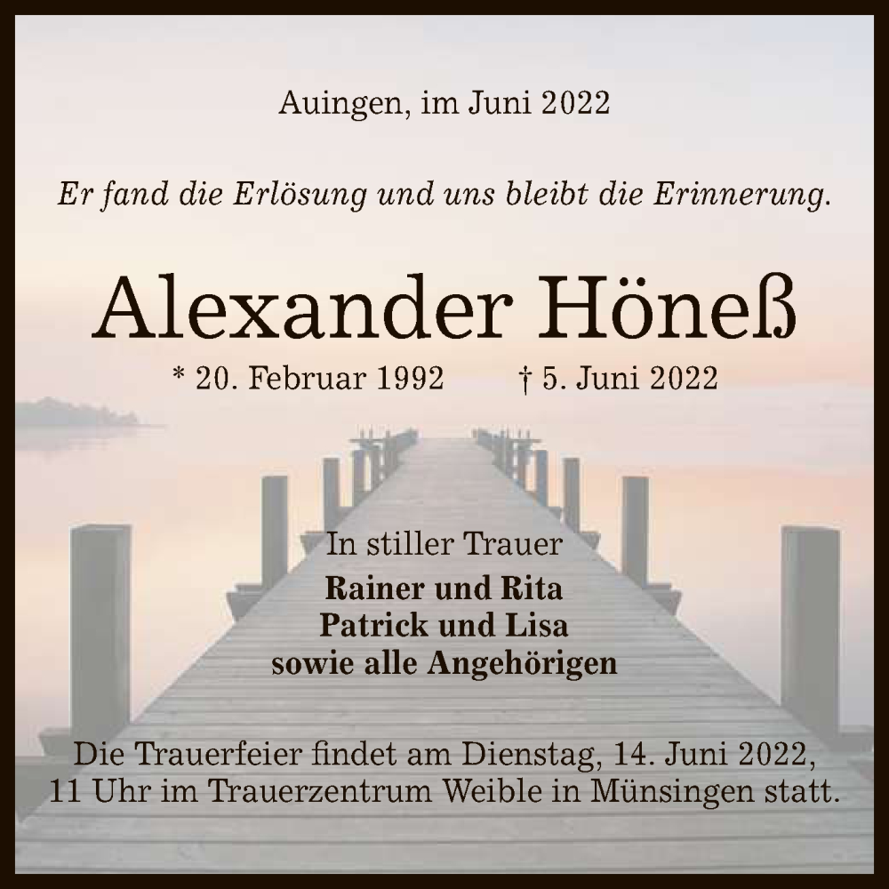  Traueranzeige für Alexander Höneß vom 11.06.2022 aus Reutlinger General-Anzeiger