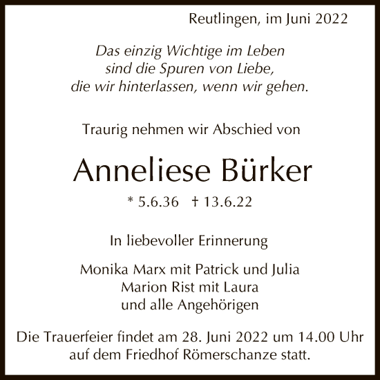 Anzeige von Anneliese Bürker von Reutlinger General-Anzeiger
