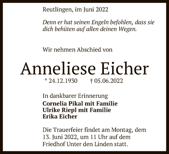 Anzeige von Anneliese Eicher von Reutlinger General-Anzeiger