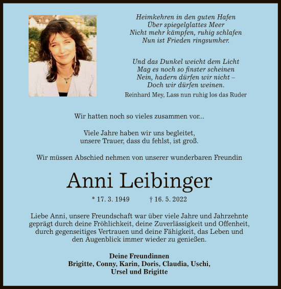Anzeige von Anni Leibinger von Reutlinger General-Anzeiger