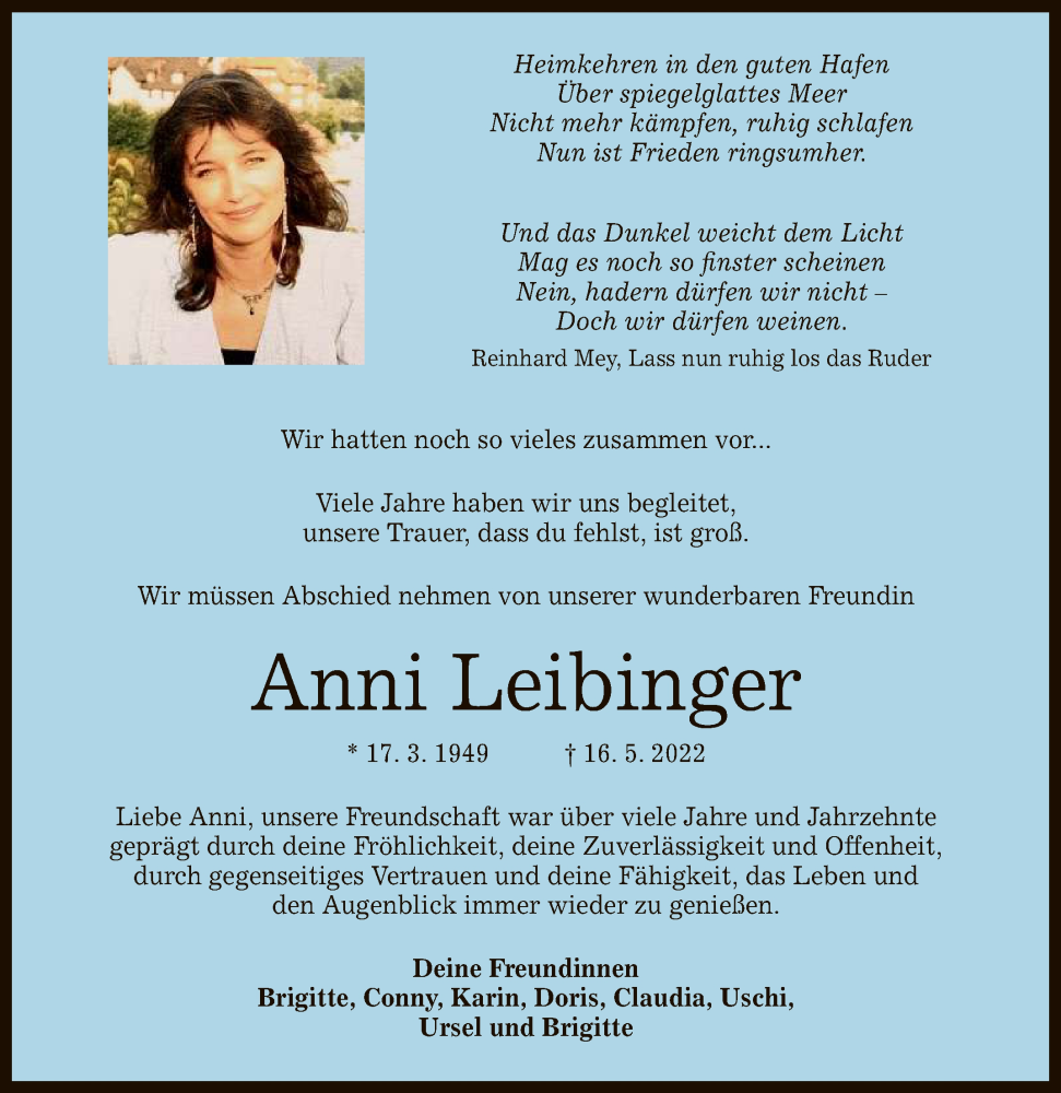  Traueranzeige für Anni Leibinger vom 11.06.2022 aus Reutlinger General-Anzeiger