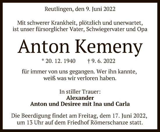 Anzeige von Anton Kemeny von Reutlinger General-Anzeiger