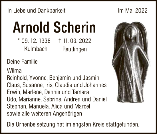 Anzeige von Arnold Scherin von Reutlinger General-Anzeiger