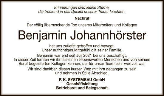Anzeige von Benjamin Johannhörster von Reutlinger General-Anzeiger