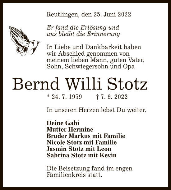Anzeige von Bernd Willi Stotz von Reutlinger General-Anzeiger