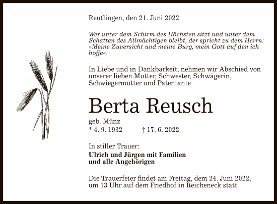 Anzeige von Berta Reusch von Reutlinger General-Anzeiger