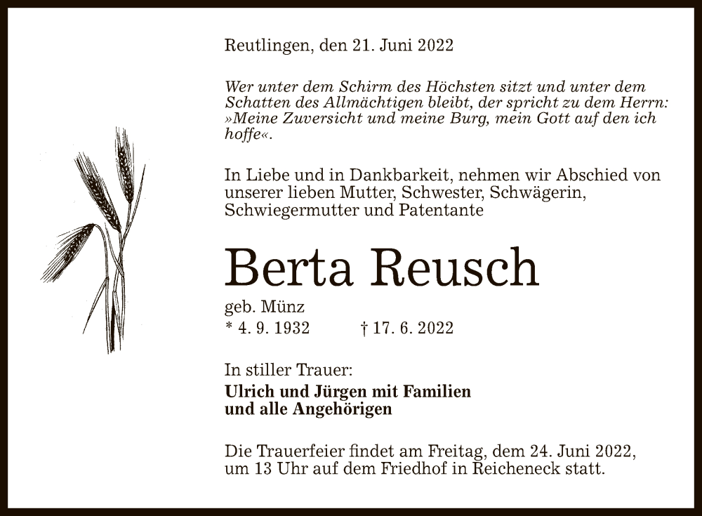  Traueranzeige für Berta Reusch vom 21.06.2022 aus Reutlinger General-Anzeiger