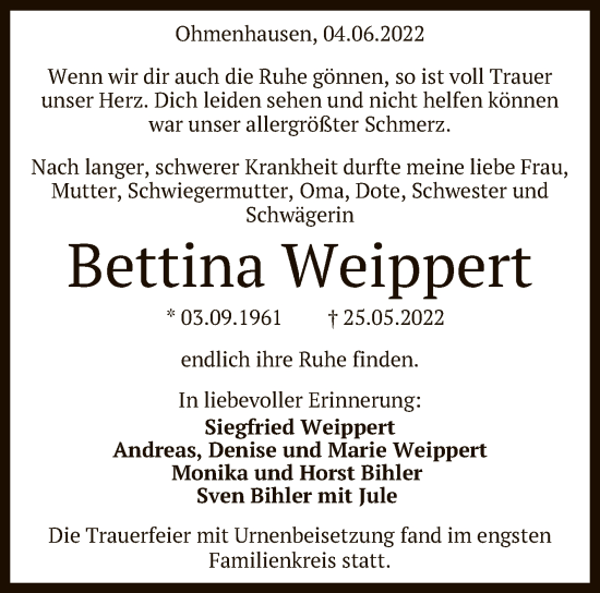 Anzeige von Bettina Weippert von Reutlinger General-Anzeiger